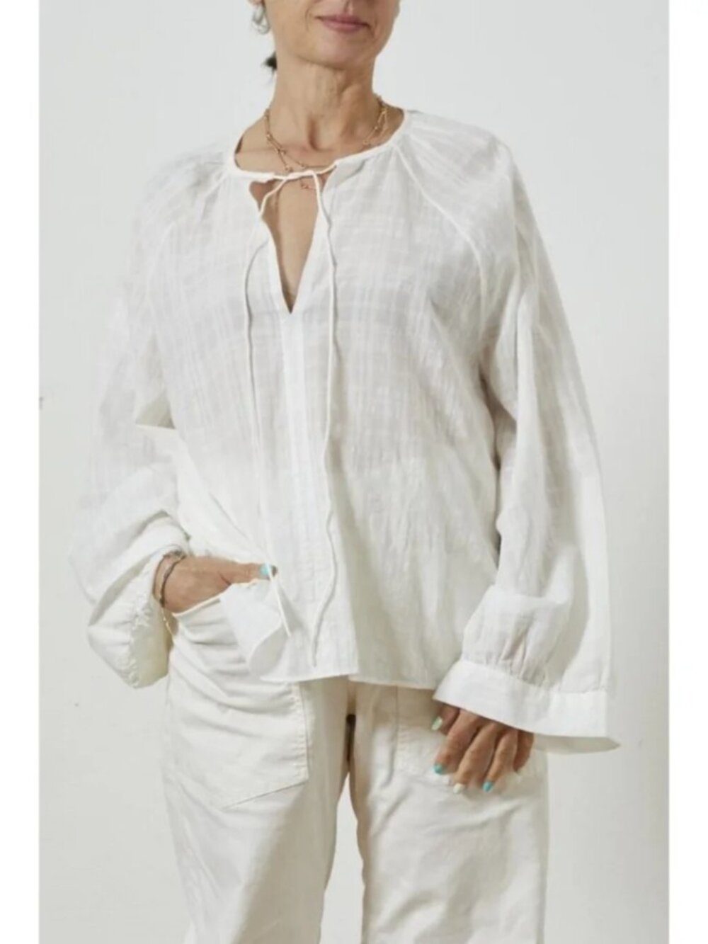 Nili Lotan Aliva Top Sheer White Plaid Raglan Tie Neck Lagenlook Lightweight XS